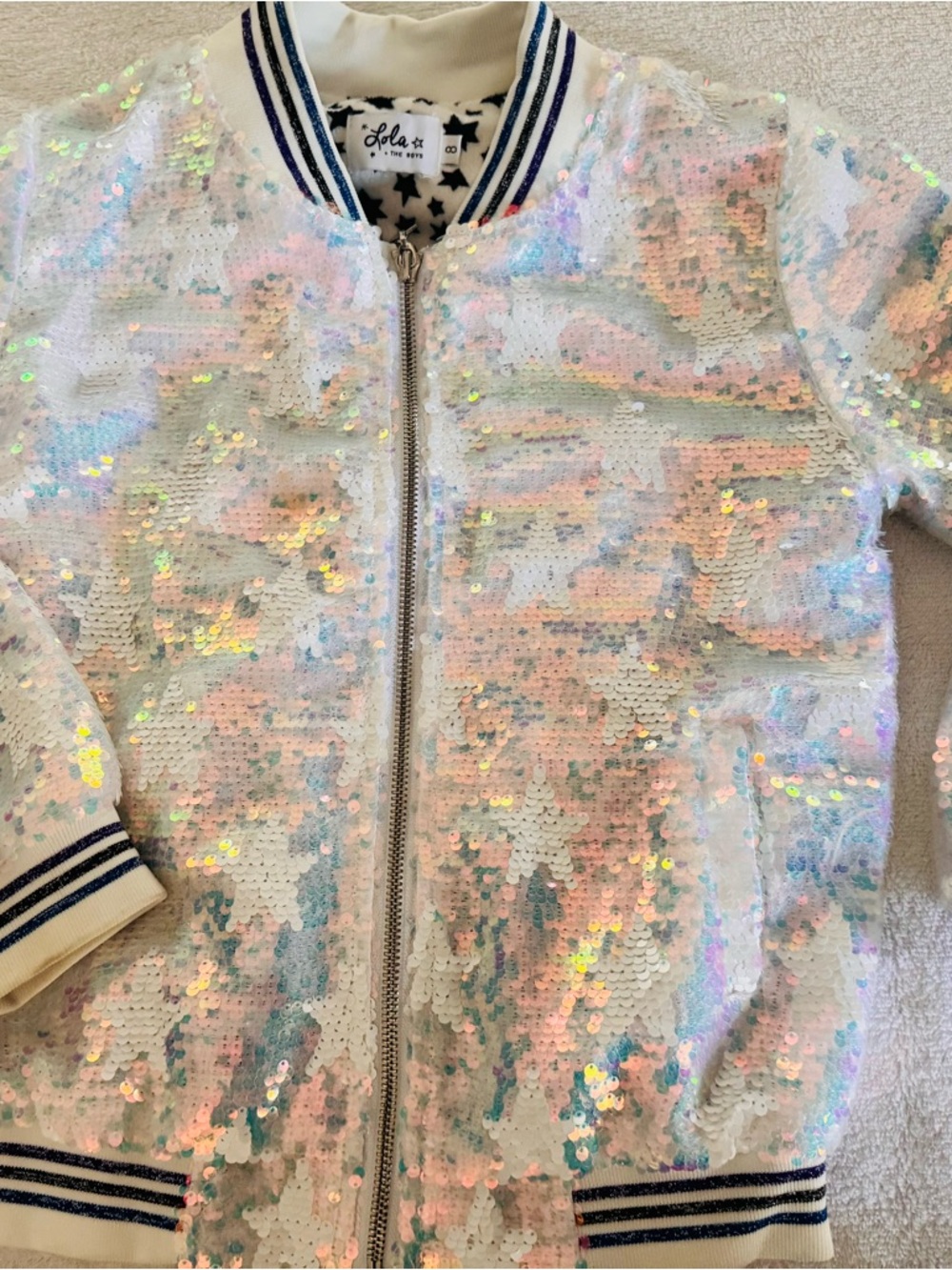 Lola + The Boys Star Pastel Iridescent Sequin Bomber Jacket - White Multi